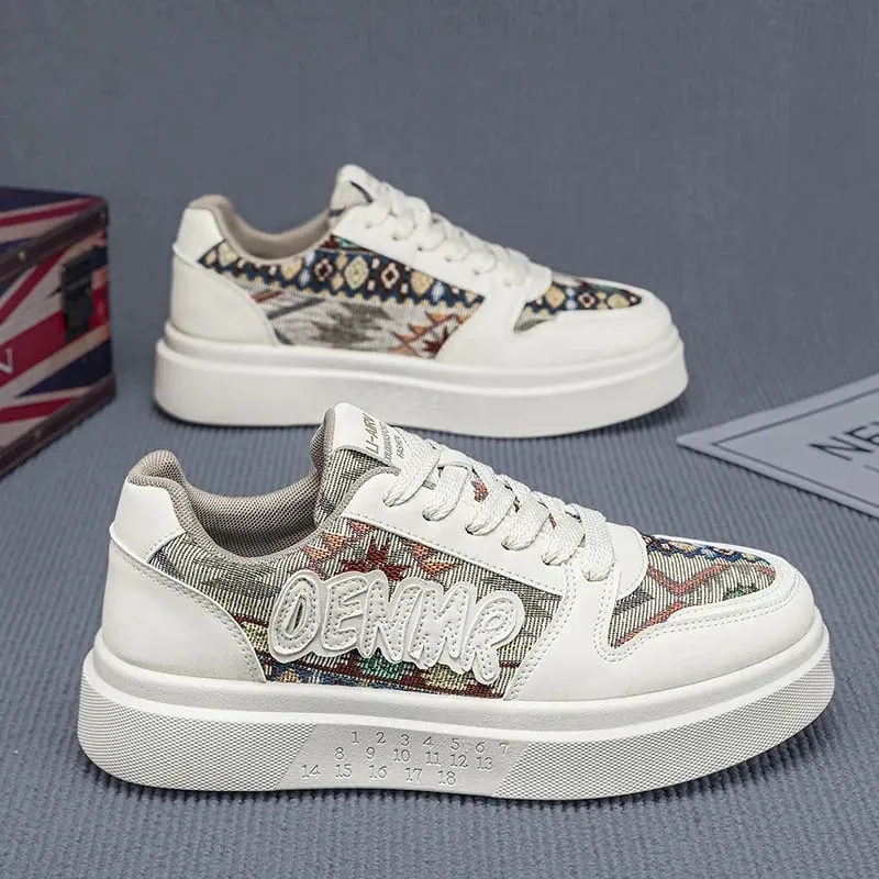 Men Spring Summer Sneakers Platform Board Shoes Ethnic Patchwork Fabric Casual Skateboard Lace Up Male Footwear — image 5