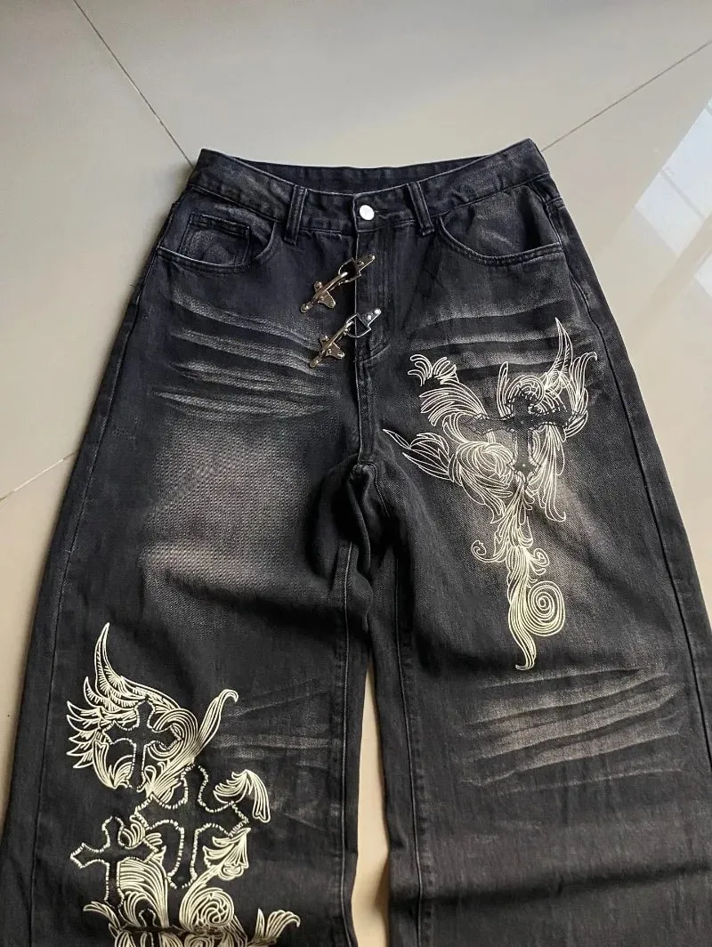 American Vintage New Pattern Printing Black Baggy Jeans Men Y2K Gothic Harajuku Hip Hop Popular Casual Joker Wide-leg Pants — image 6