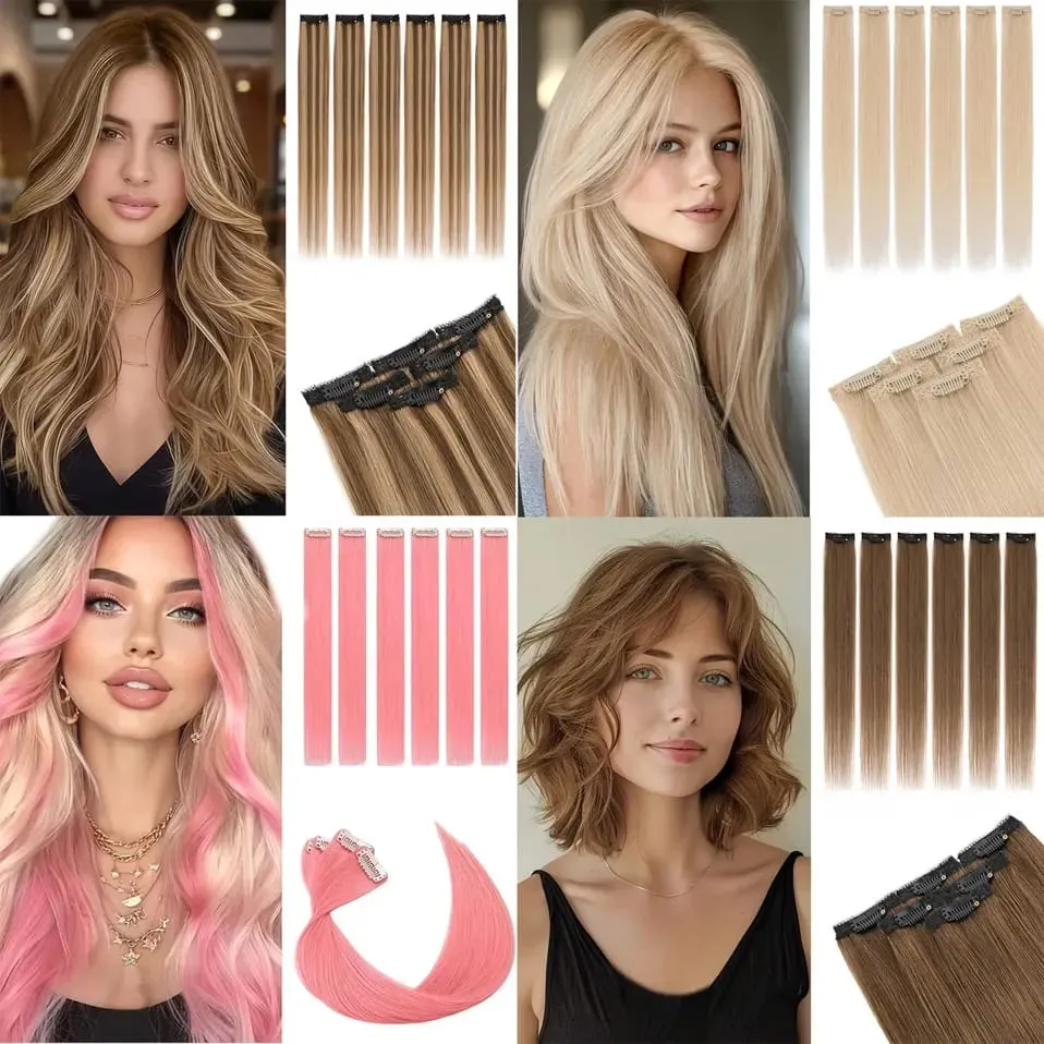 6 Pcs Clip In Human Hair Extensions Single Clip Ins Short Hair Extensions Seamless Straight Highlight Hairpieces for Women — image 6