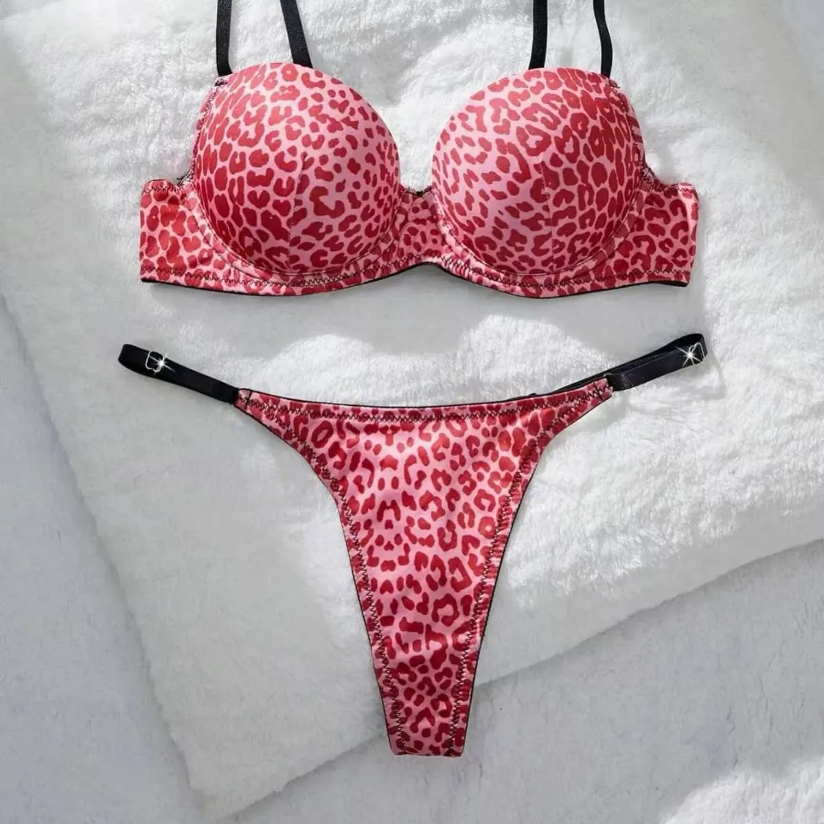Sexy Leopard Print Push-Up Bra Set with Matching Thong for Women - Underwear Set — image 1