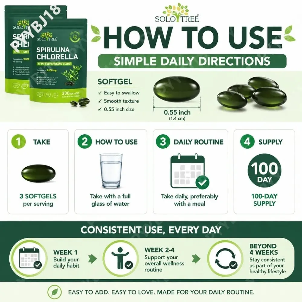 Solo Tree Spirulina Chlorella Softgels with Organic Microalgae Vitamin B6 B12 Digestive Balance & Immune Support 300 Softgels — image 6