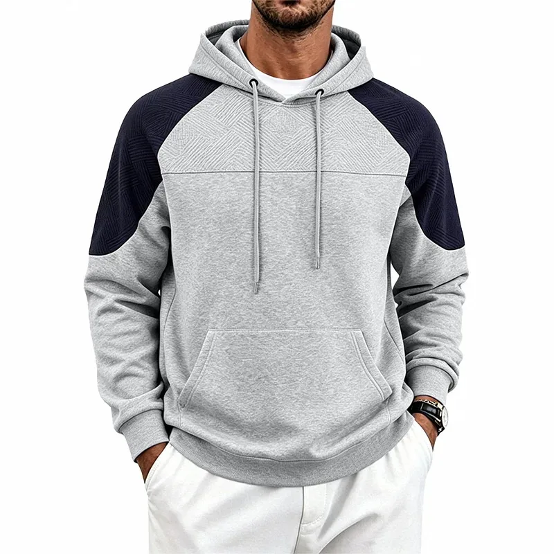 Autumn Winter Men Color Block Raglan Hoodie Textured Chest Panel Drawstring Kangaroo Pocket Loose Casual Streetwear Sweatshirt — image 27