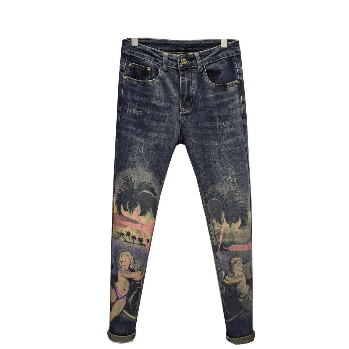 Spring and Autumn New Fashion Trend Printed Straight Leg Elastic Jeans For Men's Casual Retro Sports High-Quality Jeans 28-36 — image 5