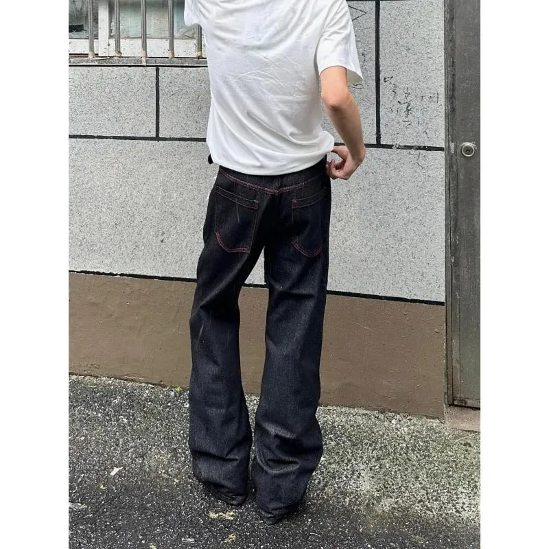 Men American Vintage Denim Red Stitch Raw Black Straight Micro Flare Jeans Slim Fit Fashion Casual Stretch Long Denim Trousers — image 2