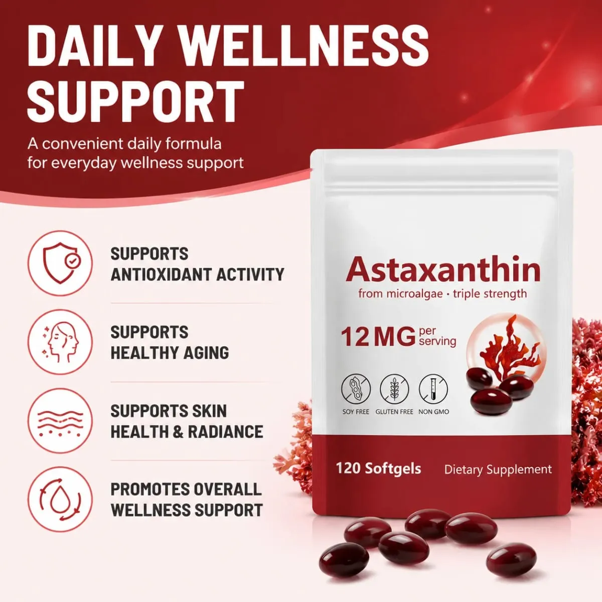 Astaxanthin Supplement 12mg Softgels from Microalgae with Antioxidant Support for Skin Health & Healthy Aging 120 Count