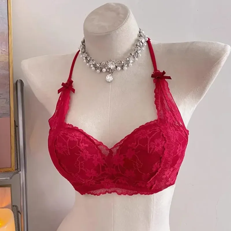 Female Halter Style Bow Lace Bra Padded Push‑Up No Underwire Soft Inner Wear Lingerie for Small Bust Daily Wearセクシーな