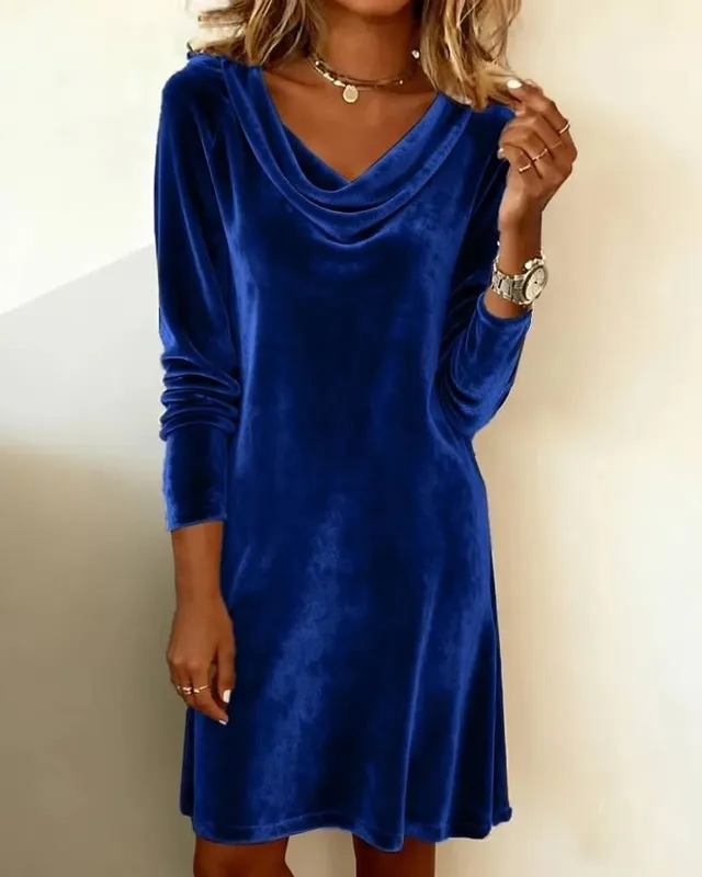 Women's Spring and Summer Velvet Dress with High Neck Flattering Fit Slimming and Elegant Medium-Length Silky Velvet Skirt — image 3