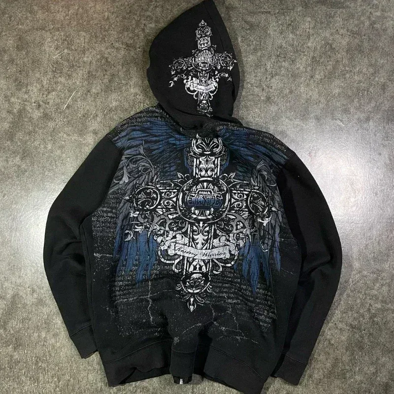 Mens Zip Up Hoodie Dark Blue Wings Print Unique Graphic Y2K Streetwear American Urban Pullover Youth Clothing Hooded Sweatshirt — image 10
