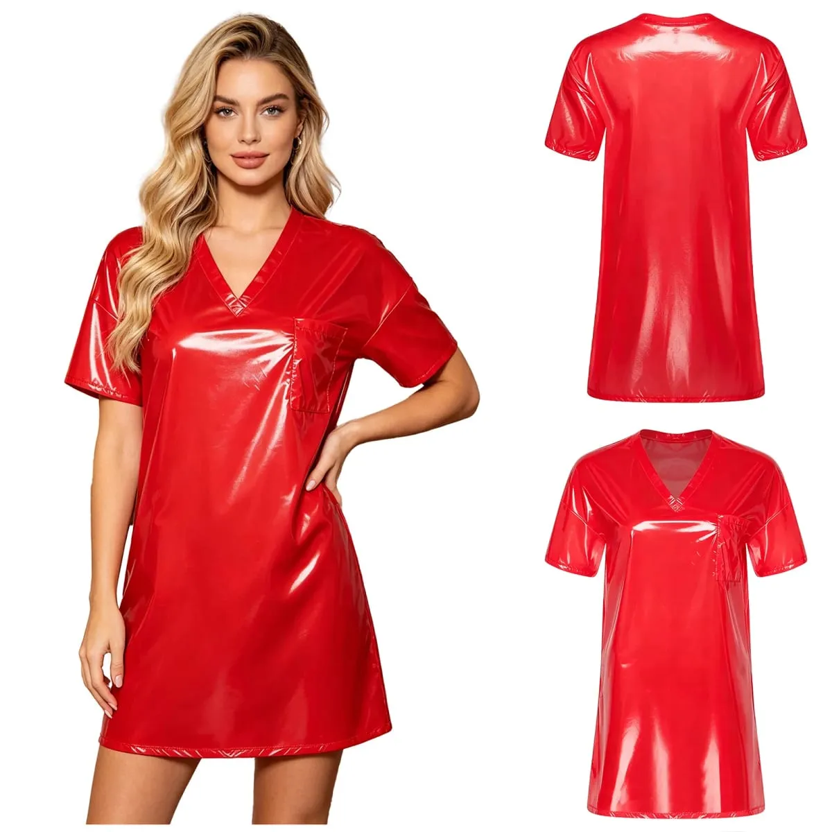 Womens Waterproof Sleep Dress V Neck Short Sleeve Side Split Loose Mini Dress Oversized T-shirt for Swimwear Water Rave Parties