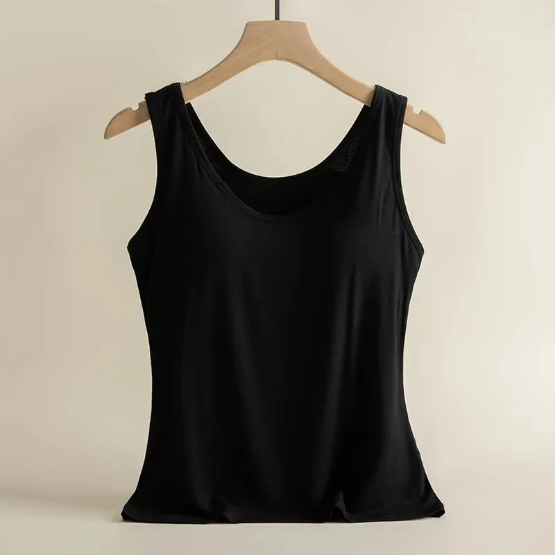 1pcs Women's Vest Tops Round Neck Vests Solid Color Padded Slim Fit Tank Tops Sexy Feminino Casual Tank Tops With Built In Bras — image 6