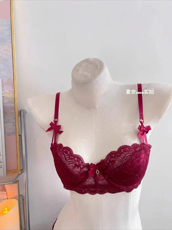 Elegant Lace Half Cup Bra Set Women Soft Underwire Gathered Thin Support Modest Exquisite Lace Comfort Lingerie Set 4 Colors 32- — image 10