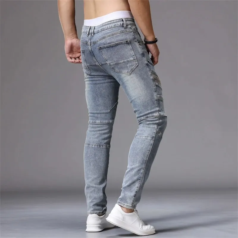 Men's Patchwork Skinny Ripped Jeans Fashion Trousers Elastic Slim Hole Biker Denim Pants Hip-hop Rock American Streetwear — image 7