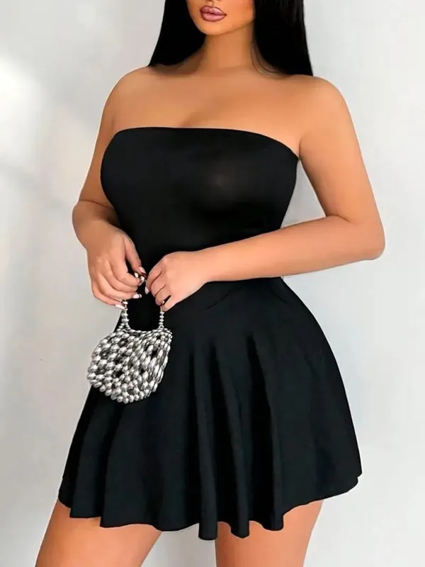 Spicy Girl Strapless Sleeveless Waist Cinching Short Dress Big Swing Skirt Slim Fit Mini Dress for Women
