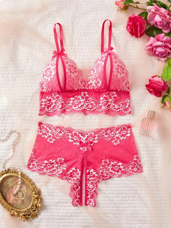 Sexy Lingerie Set Women Lace Bra And Panty See Through Floral Embroidery Bralette Transparent Erotic Underwear Bow Nightwear — image 8