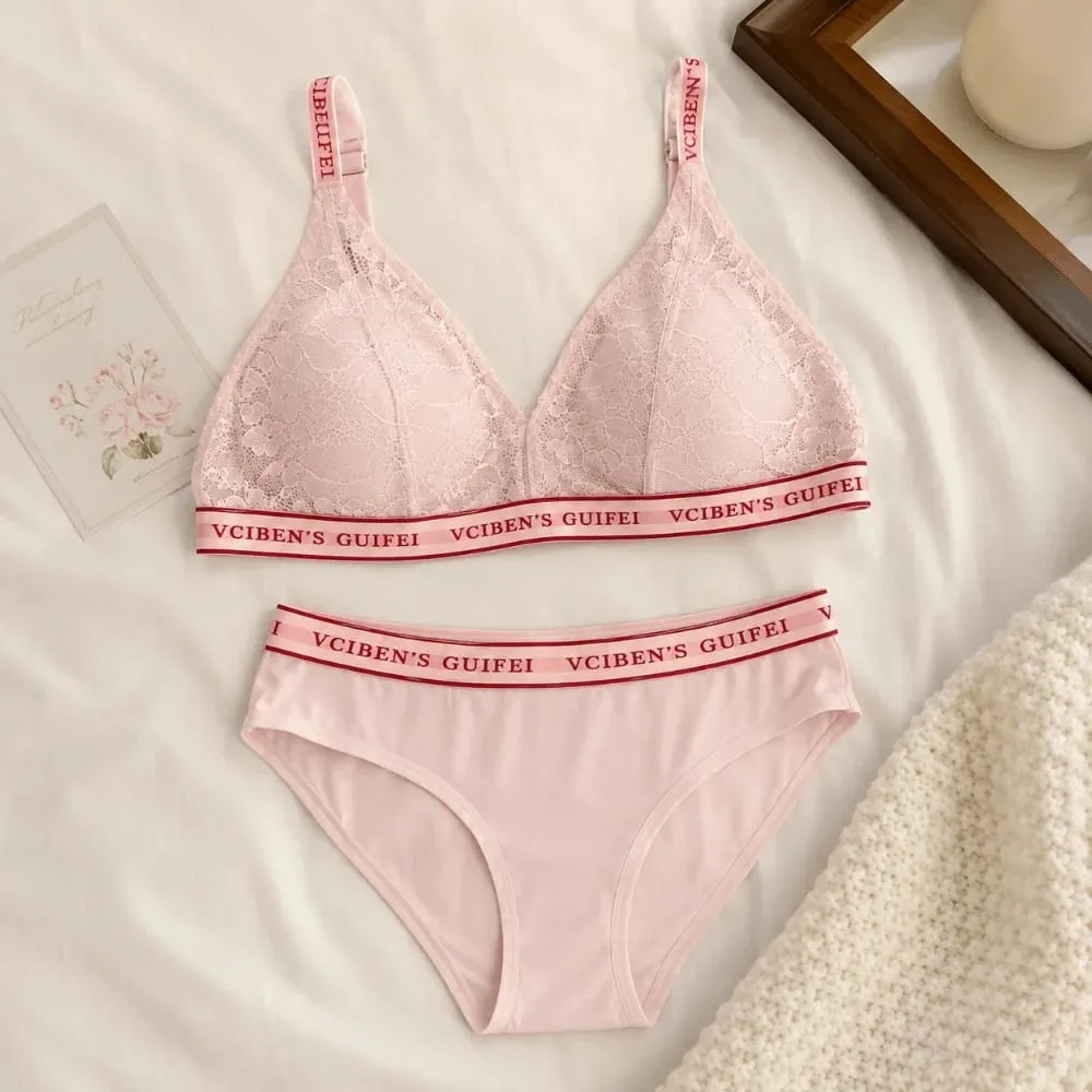 Comfortable Letter Design Lingerie Set Deep V Lace Women Underwear Suit Wireless Color Blocking Bra Panties Set Gift — image 5