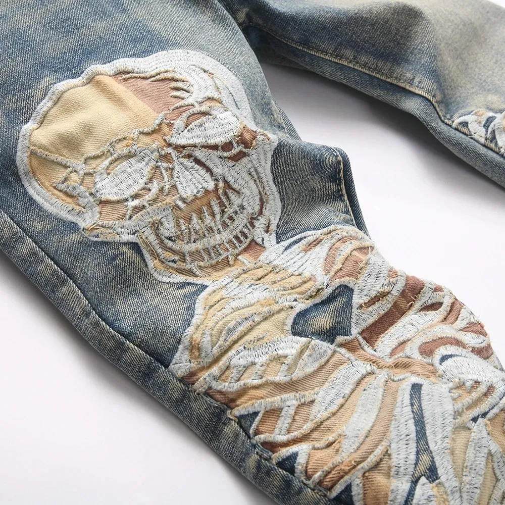 Men's Skull Boot Cut Denim Jeans Vintage Blue Devil Embroidery Stretch Pants Slim Flared Trousers — image 3