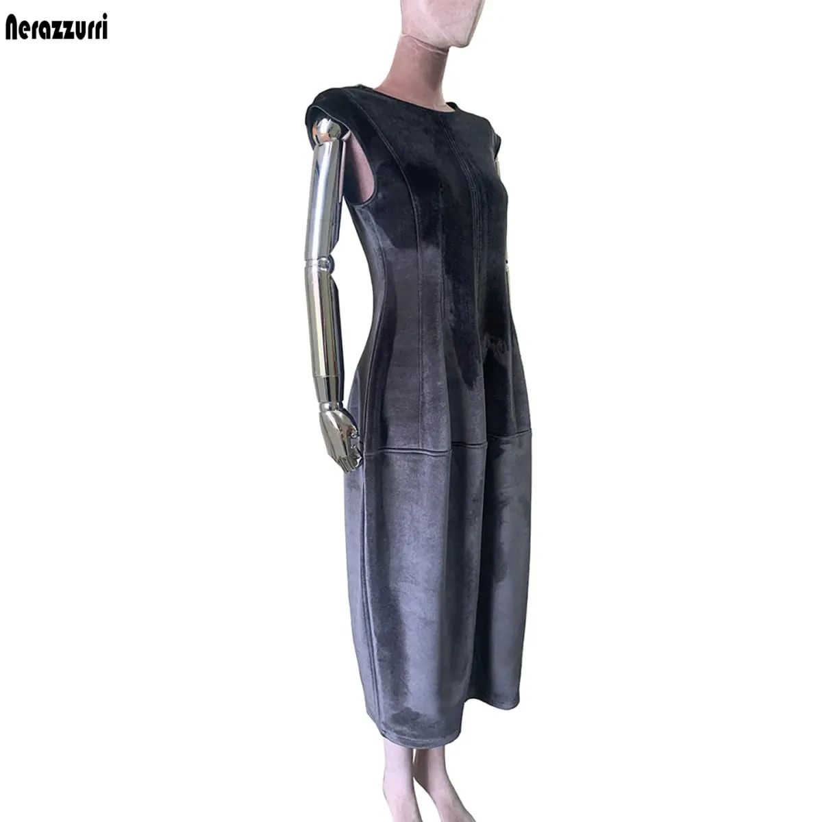 Nerazzurri Summer Autumn Long Luxury Elegant Luxury Fitted Dark Gray Sleeveless Soft Velvet Modest Dresses for Woman High Waist — image 5