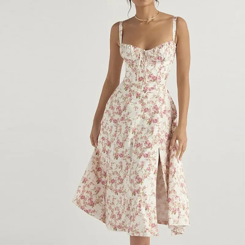 Women Summer Dress 2024 Fashion Floral Print Halter Sling V Neck Bra Sleeveless Gentle Woman mid-calf Dresses Vestidos GHH24128 — image 8