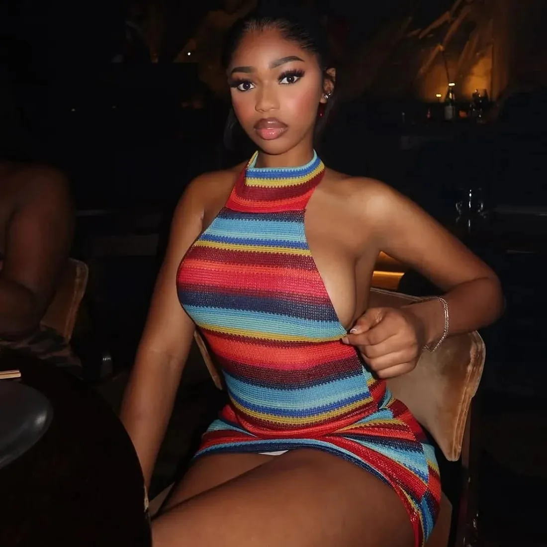 Cryptographic Striped Knit Halter Mini Dress Colorful Contrast Sleeveless Backless Summer Casual Clubwear Bodycon Short Dresses