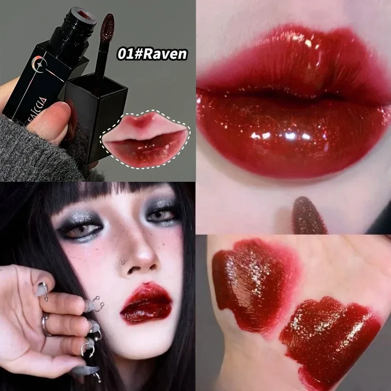 Shimmer Matte Black Red Lipstick Punk Gothic Lipgloss Halloween Makeup Mousse Lip Mud Lipstick Waterproof Non-stick Cup Lip Tint