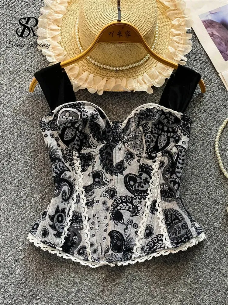 American Retro Print Evening Camisole Female Strap Lace Spliced Slim Top 2025 Streetwear Floral Vintage Beach Tank Top — image 9