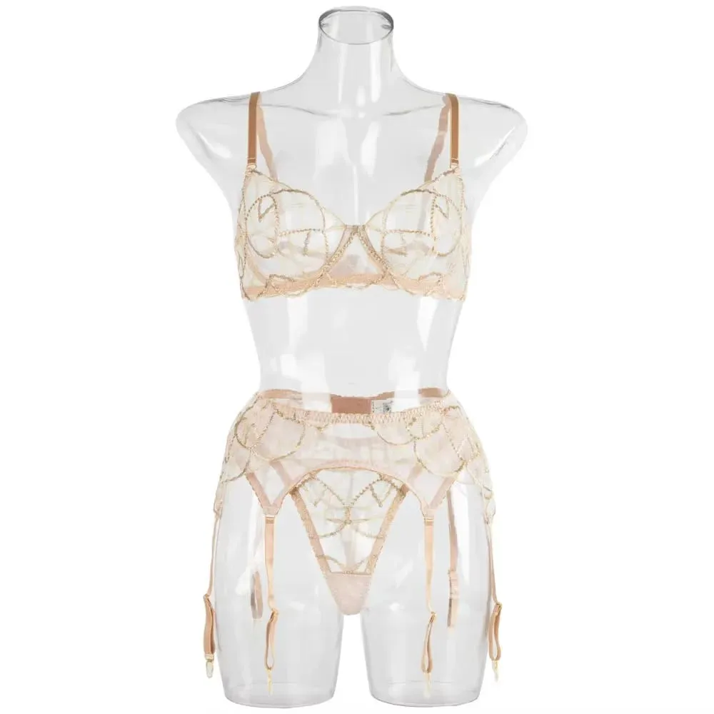Champagne gold lingerie set fashionable French style bra and garter stockings — image 2
