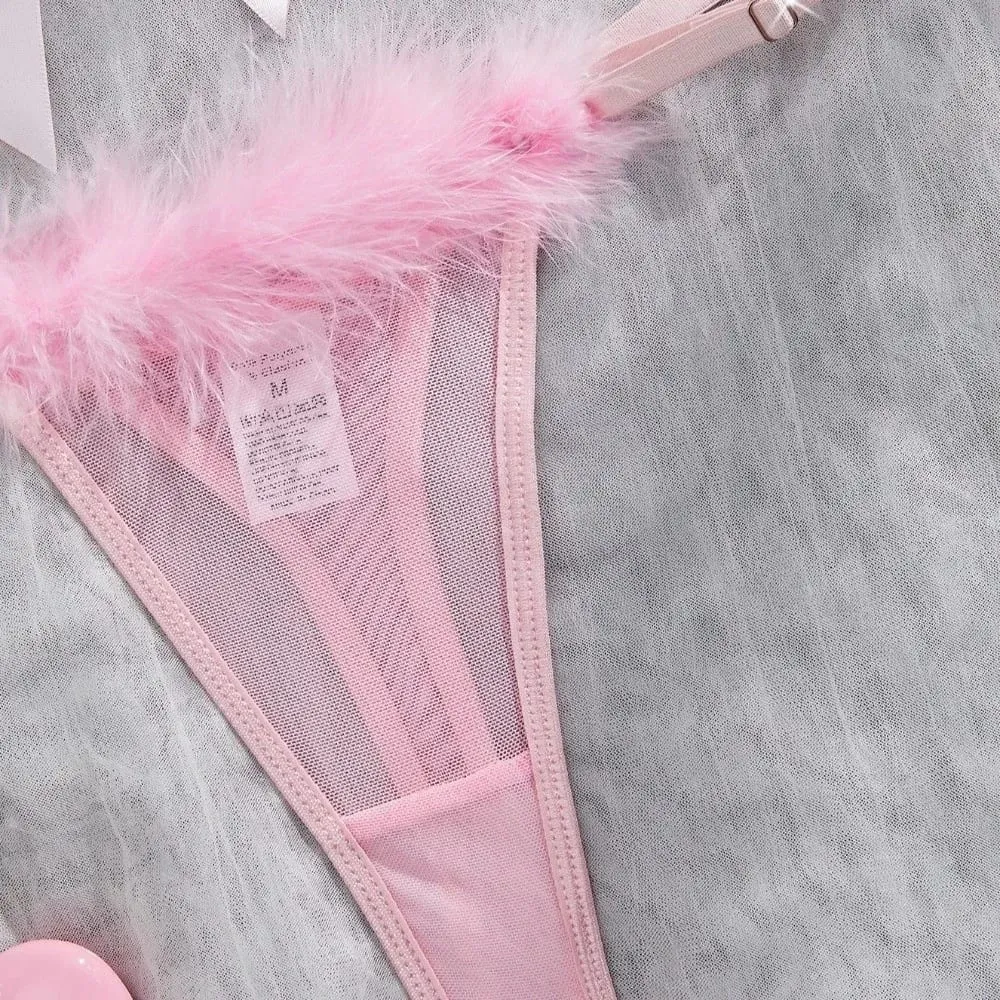 Furry Women's Underwear Wireless Bow Decor Lingerie Set Romantic Intimate Mesh Transparent Bra Panties Suit Valentine's Day — image 3
