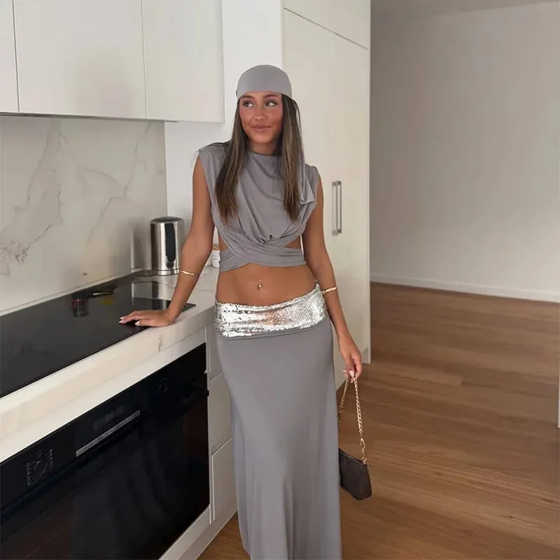 Fashion Shiny Lace Up Long Skirt Set Women Sexy Sleeveless Design sense Chic Short Top Skirts Suit NEW Lady Evening Party Outfit — image 3