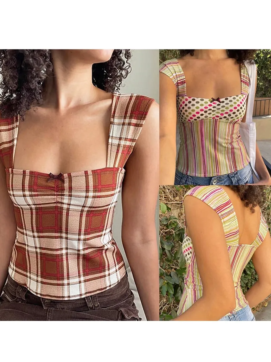 Summer Women Y2k Cottage Tank Top Vintage Plaid/Stripes Print Square Neck Cami Crop Top Party Club Vest 00s Retro Shirt