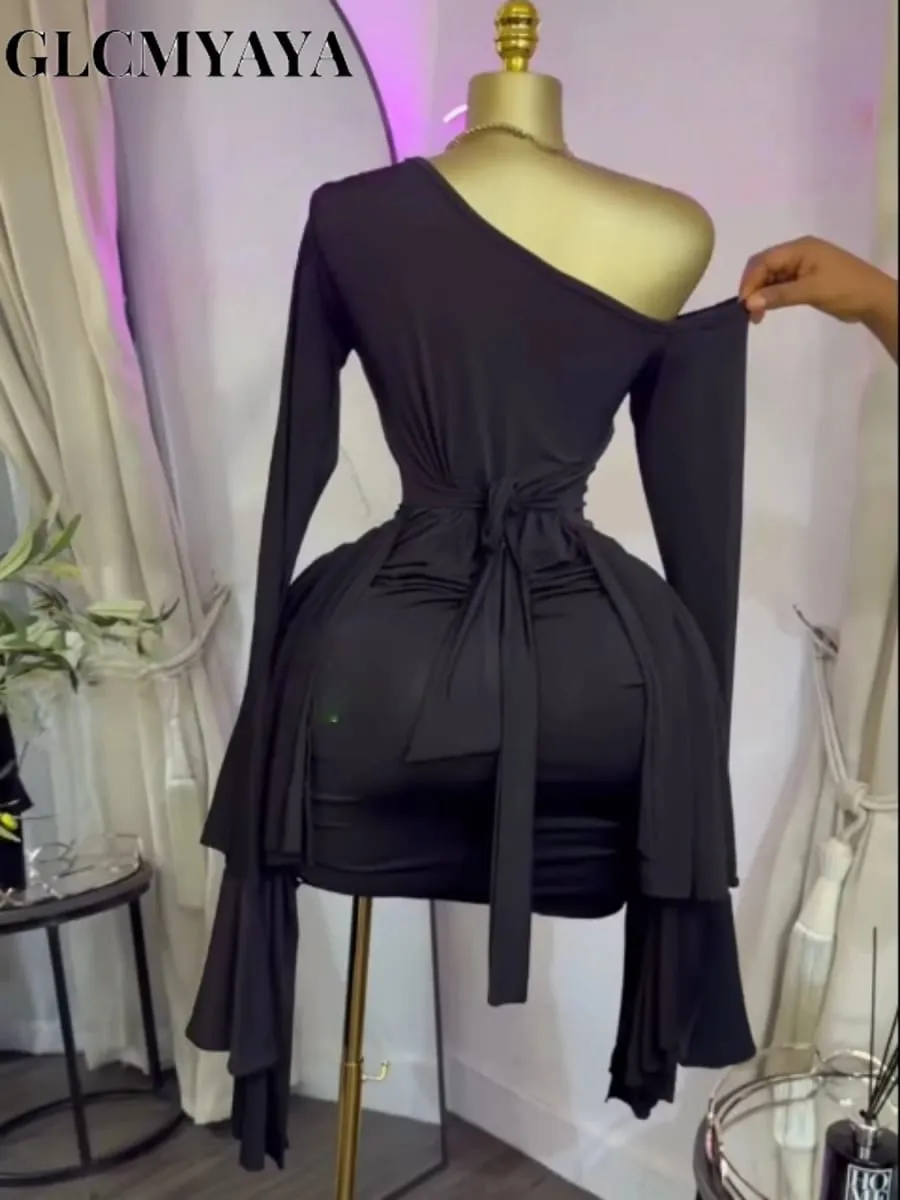 Women Drop Shoulder Flare Sleeve Ruffles Side Bodycon Midi Mini Dress 2026 Birthday Holiday Trendy Dresses Vestidos — image 5
