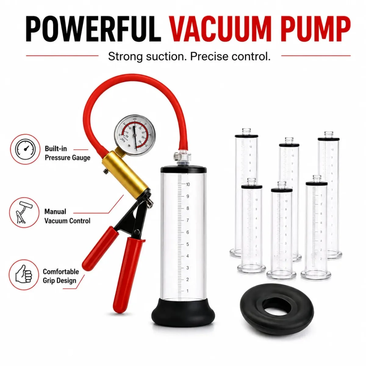 Manual Acrylic Penis Pump for Men with Pressure Gauge Clear Cylinders Vacuum Enlargement Masturbation Trainer Adult Sex Toy Set — image 2