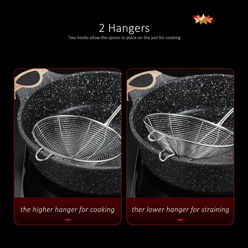 LFGB Certification 304 Stainless Steel Kitchen Cooking Colander Ultra Durable Wire Sieve 14~18cm Diameter Frying Scooping Tool — image 4