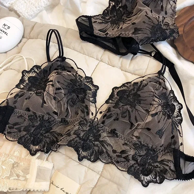 Embroidered Lace Bralette Set Triangle Cup Wireless Bra for Large Breasts Ultra Thin & Breathable Lingerie — image 5