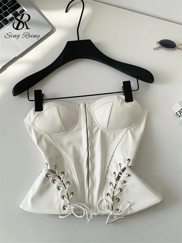 PU Leather Sensual Club Bustier Strapless Slim Lace Up Shirred Backless Camis Female Edgy Streetwear Fashion Tank Tops — image 3
