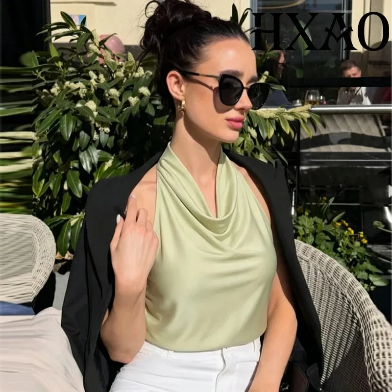 Women's Tanks Halter Top Women Sleeveless Green Crop Tops Summer Satin Party Evening Top Backless Sexy White Black Top — image 2