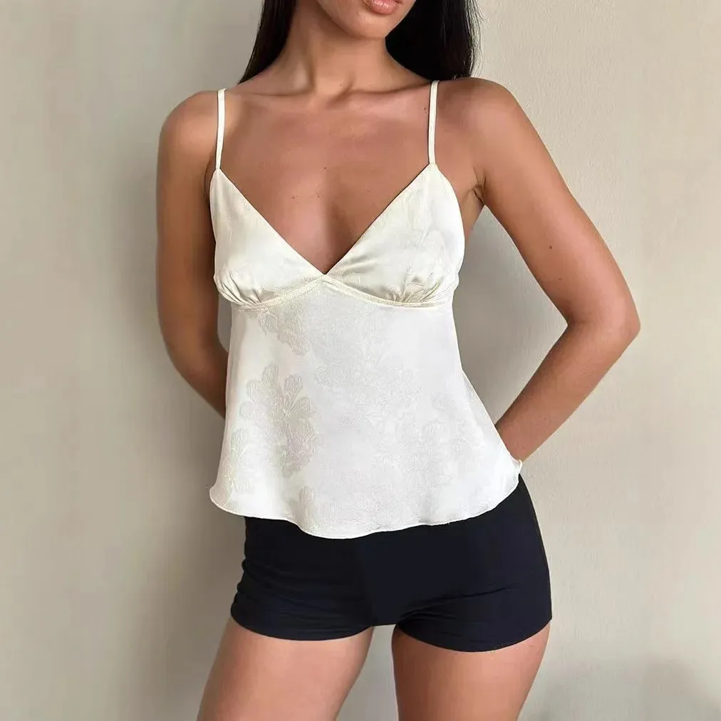 Women Satin Camisole Sexy Deep V Crop Top Fashion Streetwear Camis Summer Slim Casual Tank Top Sleeveless Backless Spaghetti Top