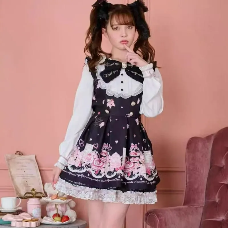 Japanese Kawaii Rhinestone Bow Dress Set Women Sweet Cute Lolita Style Lace Pearl Print Shirt Dresses Gothic Y2k Tea Party Dress — image 1