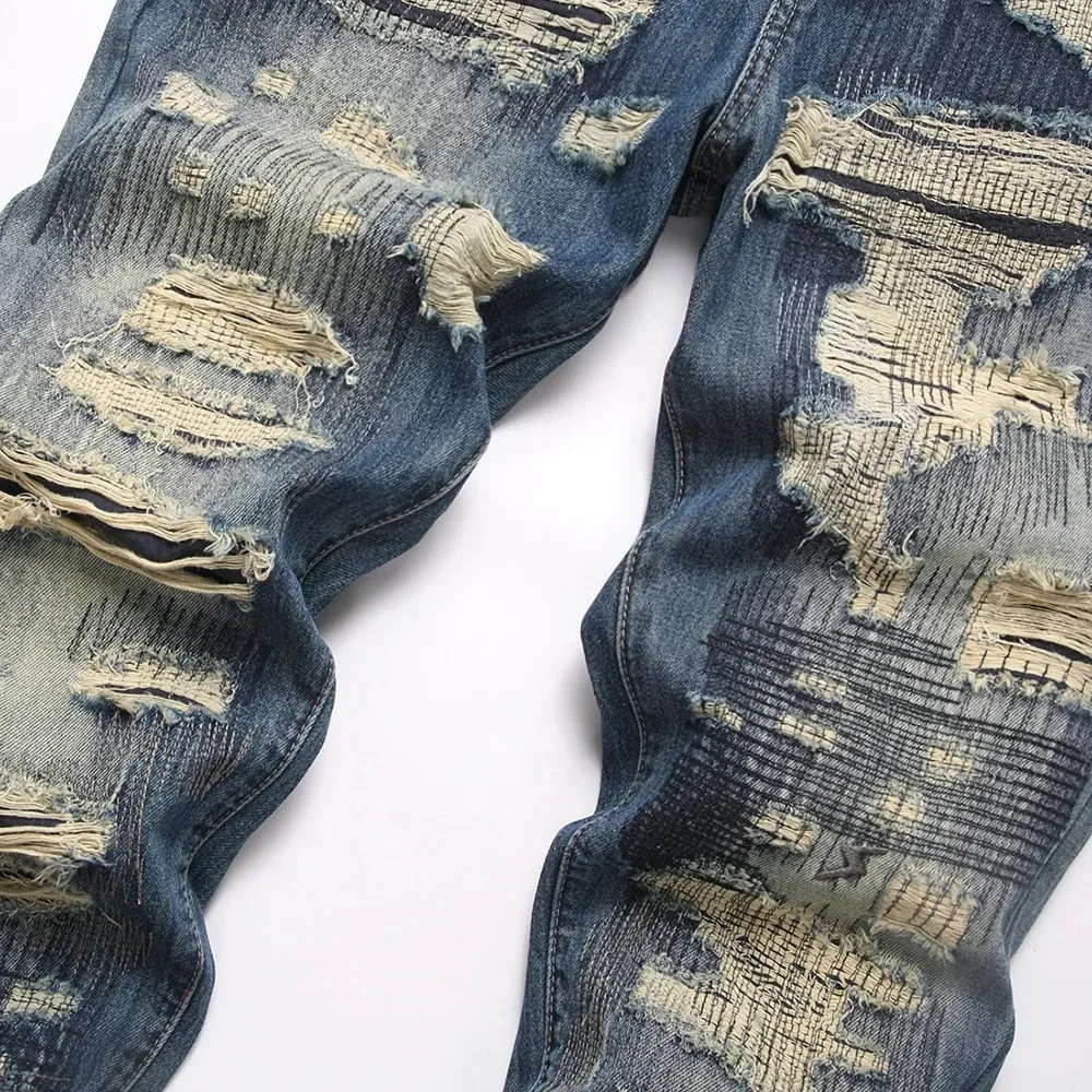 Men Ripped Denim Jeans Holes Distressed Patchwork Beggar Pants Embroidery Loose Straight Trousers — image 3