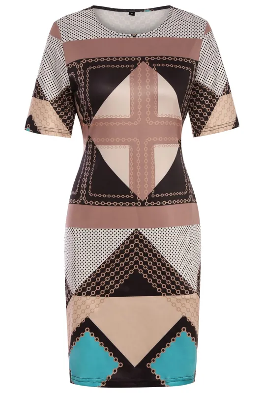 Womens Short Sleeve Geometry Print Crew Neck Work Mini Business Slim Casual Party Pencil Bodycon Sheath Dress