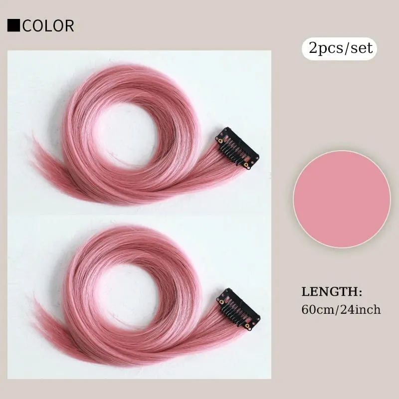 2PCS/SET Colored Party Highlights Clip in Hair Extensions 24inch Long Straight Hair Clips Hairpiece for Halloween Christmas Wear