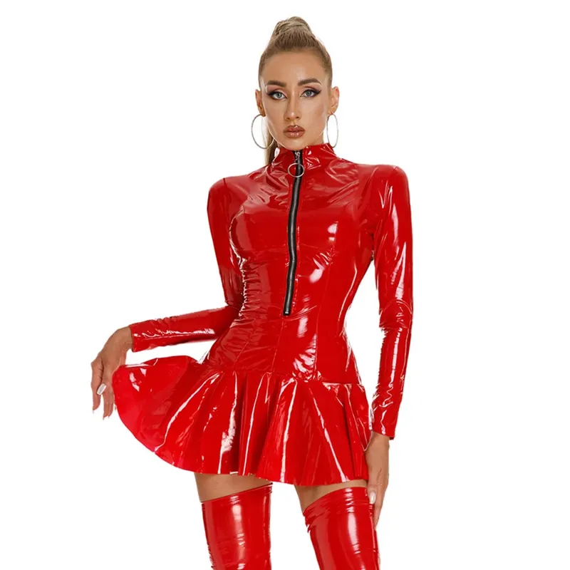 Vestido bodycon feminino de couro látex, aparência molhada, gola alta, zíper frontal, mini vestido brilhante, dança rave, carnaval, fantasia de performance