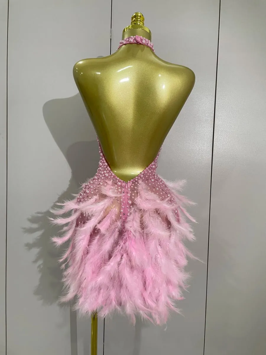Women Luxury Rhinestones Pearls Feathers Halter Backless Short Dress Women Sexy Celebrate Birthday Dress Nightclub Stage Costume — image 3