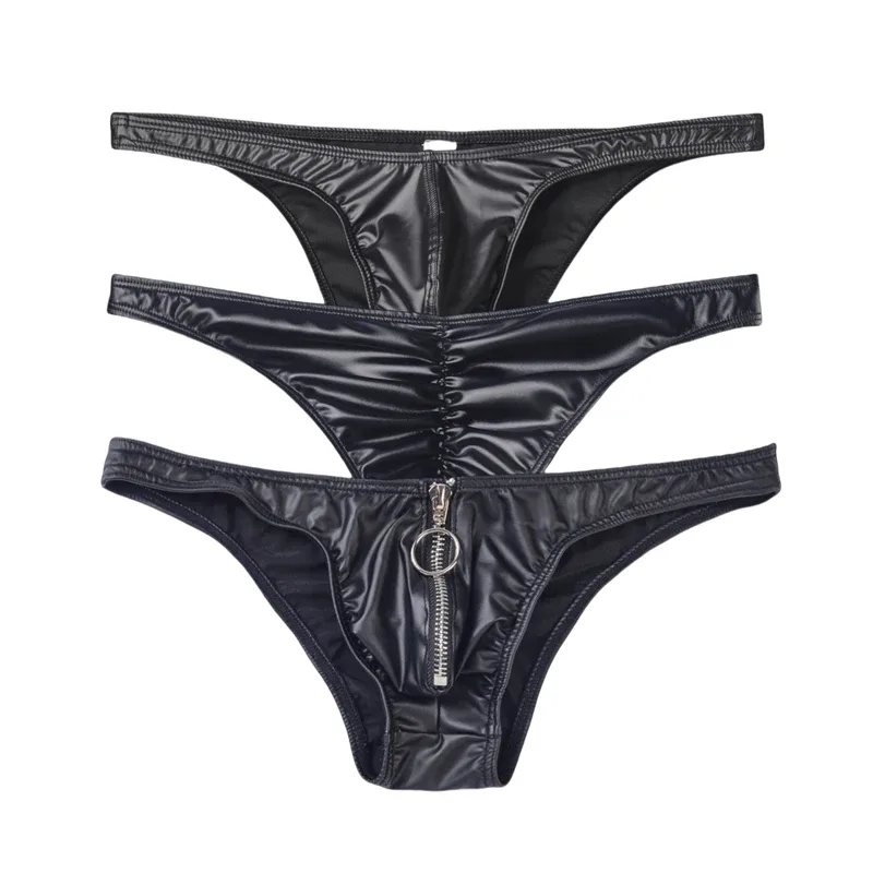 3pcs Men Bikini Faux Leather Briefs Underwear Man Sexy Mini Underpants Cuecas Butt-lifting Zipper Low Waist Male Sissy Panties