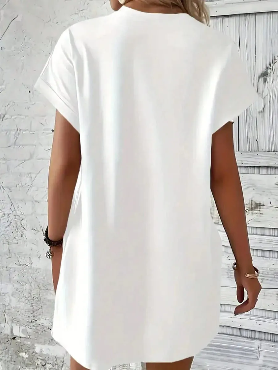 2026 Women's Casual and Elegant Green Turtle Print White Solid Color Short Sleeved Dress Short Skirt