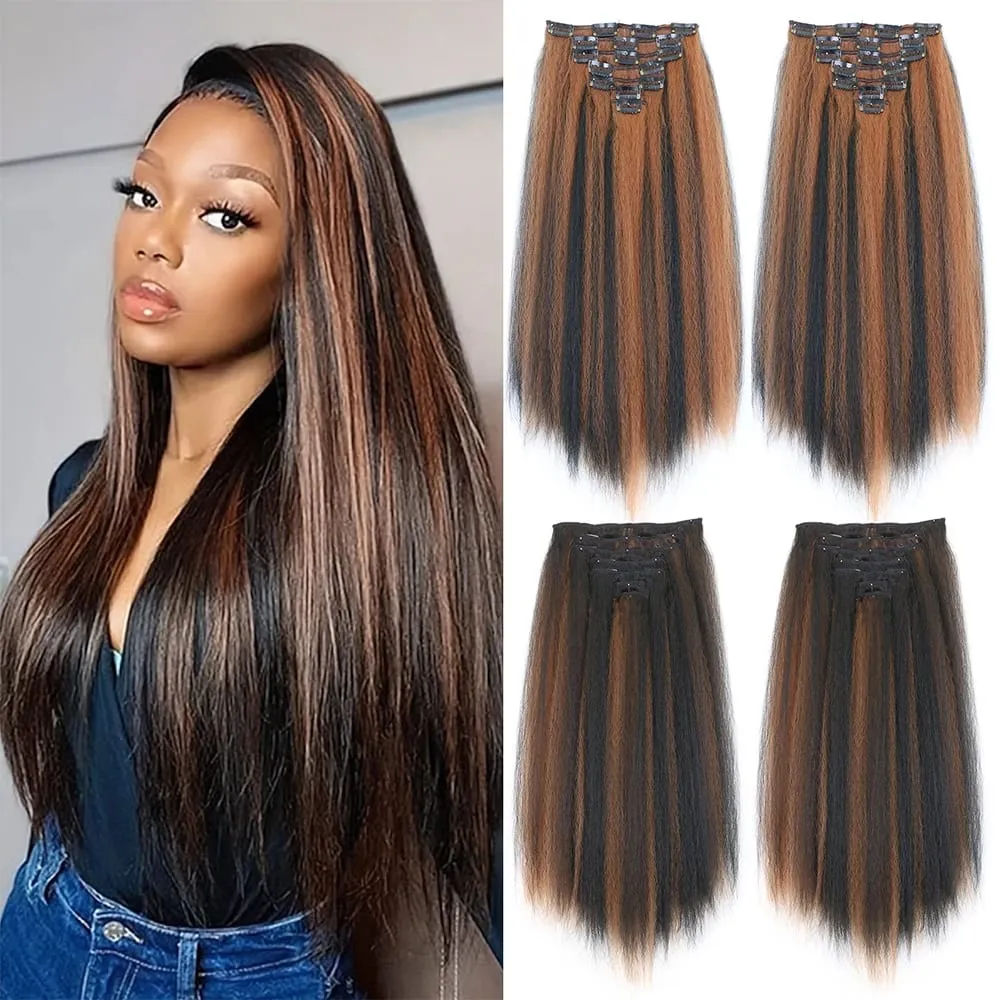 18-22icnh Synthetic Yaki Straight Clip In Hair Extensions For Women Black 7Pcs/Set Synthetic Extensions Hairpiece