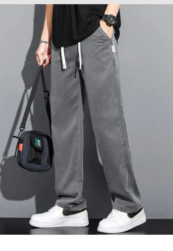 Sommer Blødt Lyocell stof Herre jeans Tynde Løse Lige Bukser Snøre Elastisk talje Korea Casual Bukser Plus Størrelse M-5XL