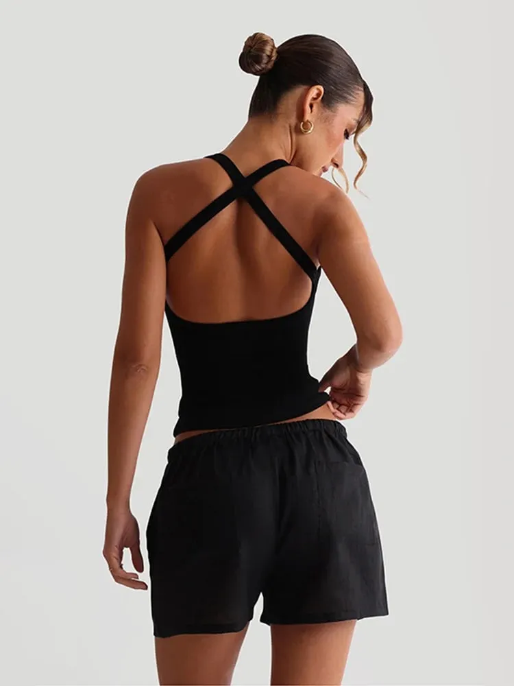 Ribbed Casual Tank Tops Woman Low-Neck Cross Strap Skinny Backless Navel Exposed Hot Girls High Street Style Classic Tops — image 6