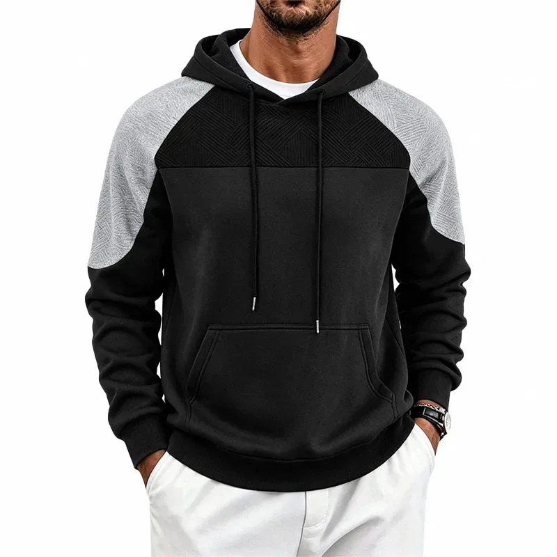 Autumn Winter Men Color Block Raglan Hoodie Textured Chest Panel Drawstring Kangaroo Pocket Loose Casual Streetwear Sweatshirt — image 17