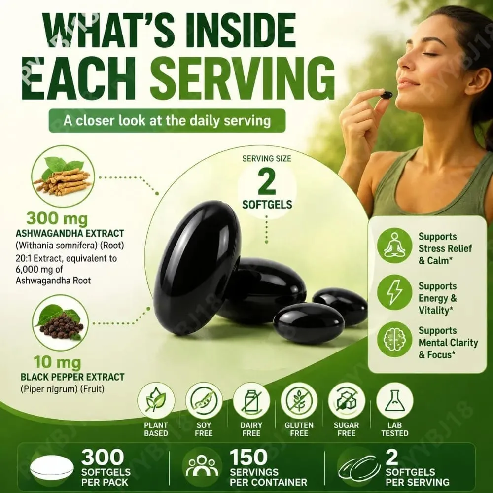 Solo Tree Ashwagandha Complex Softgels Supports Stress Relief Calm Mental Clarity Focus with MCT Oil & Black Pepper 300 Softgels — image 7