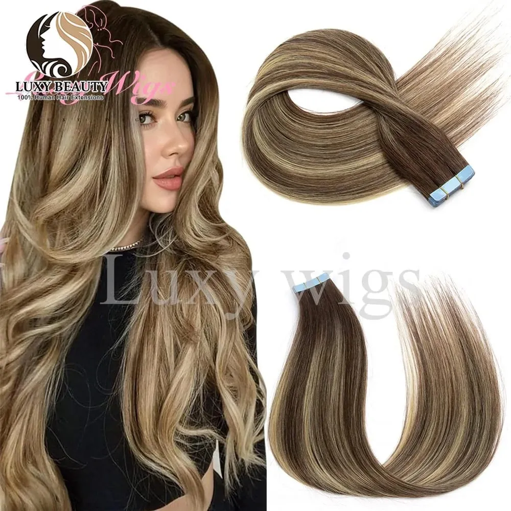 Highlights Brown Tape in Hair Extensions Human Hair Straight Black Blonde Seamless PU Skin Weft Tape In Hair Extensions 20PCS — image 2